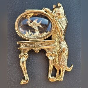 1928 Cat Fish Bowl Brooch Pin Gold Tone Clear Lucite 2" Vintage Whimsical